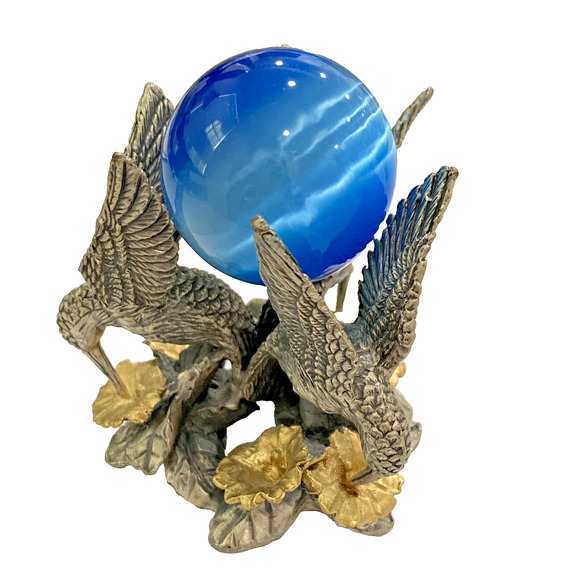 Blue Glass Crystal Ball Paperweight Silver & Gold Metal Hummingbird Orb Holder - Picture 10 of 10